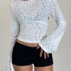 Motel Rocks Long Sleeve Tops | Going Out Tops-Lesina Long Sleeve Top in Burnout Mesh Ivory