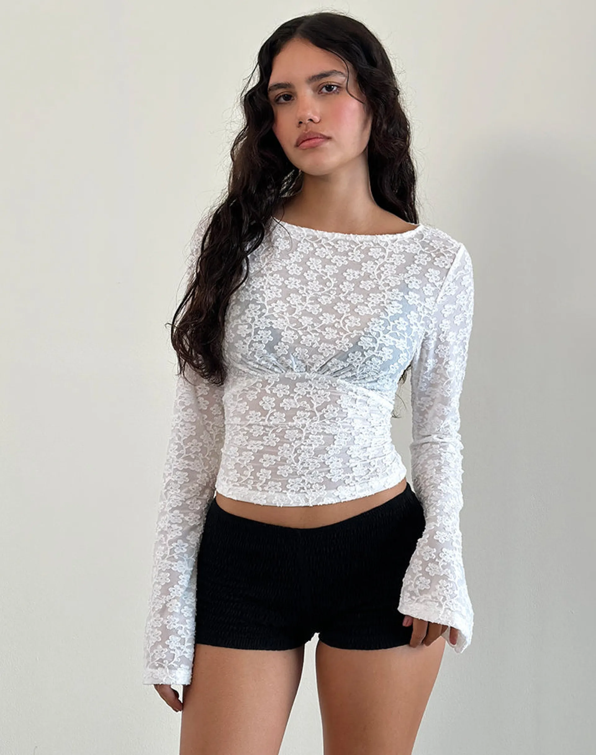 Motel Rocks Long Sleeve Tops | Going Out Tops-Lesina Long Sleeve Top in Burnout Mesh Ivory
