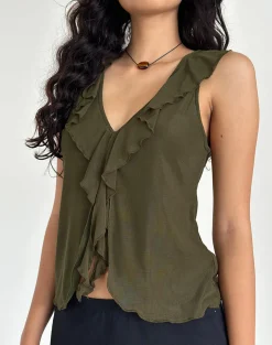 Motel Rocks Printed Tops | Strappy Tops-Leviosa Butterfly Top In Mesh Moss Green MeshMossGreen