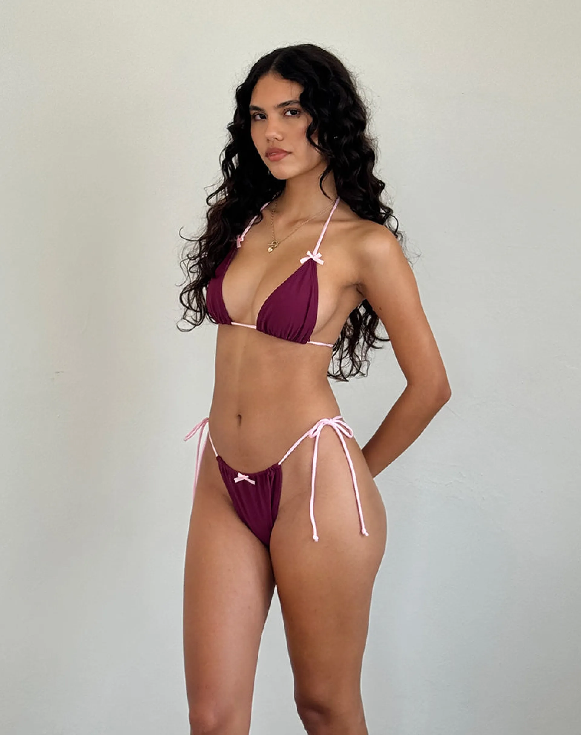 Motel Rocks Swimwear-Leyna Bow Bikini Bottom in Wine with Sakura Pink Binding WinewithSakuraPinkBinding