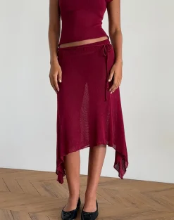 Motel Rocks Midi Skirts-Leysa Midi Skirt in Sheer Knit Red