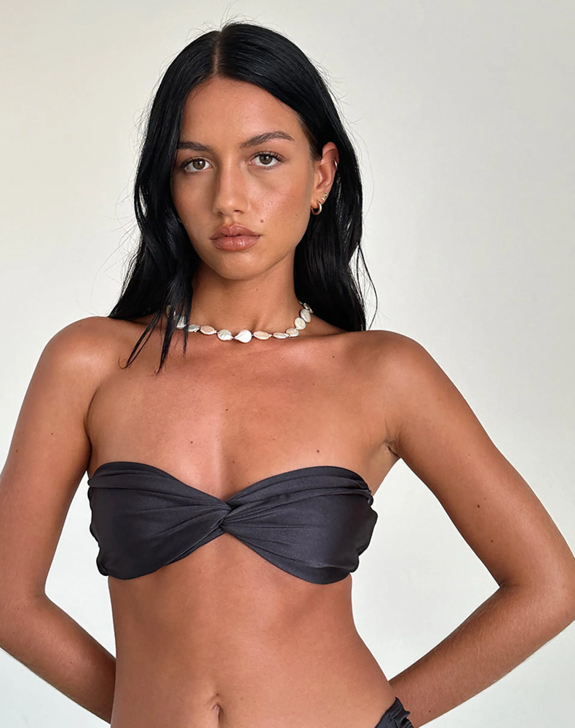 Motel Rocks Swimwear-Linda Twist Bikini Top in Dark Grey DarkGrey