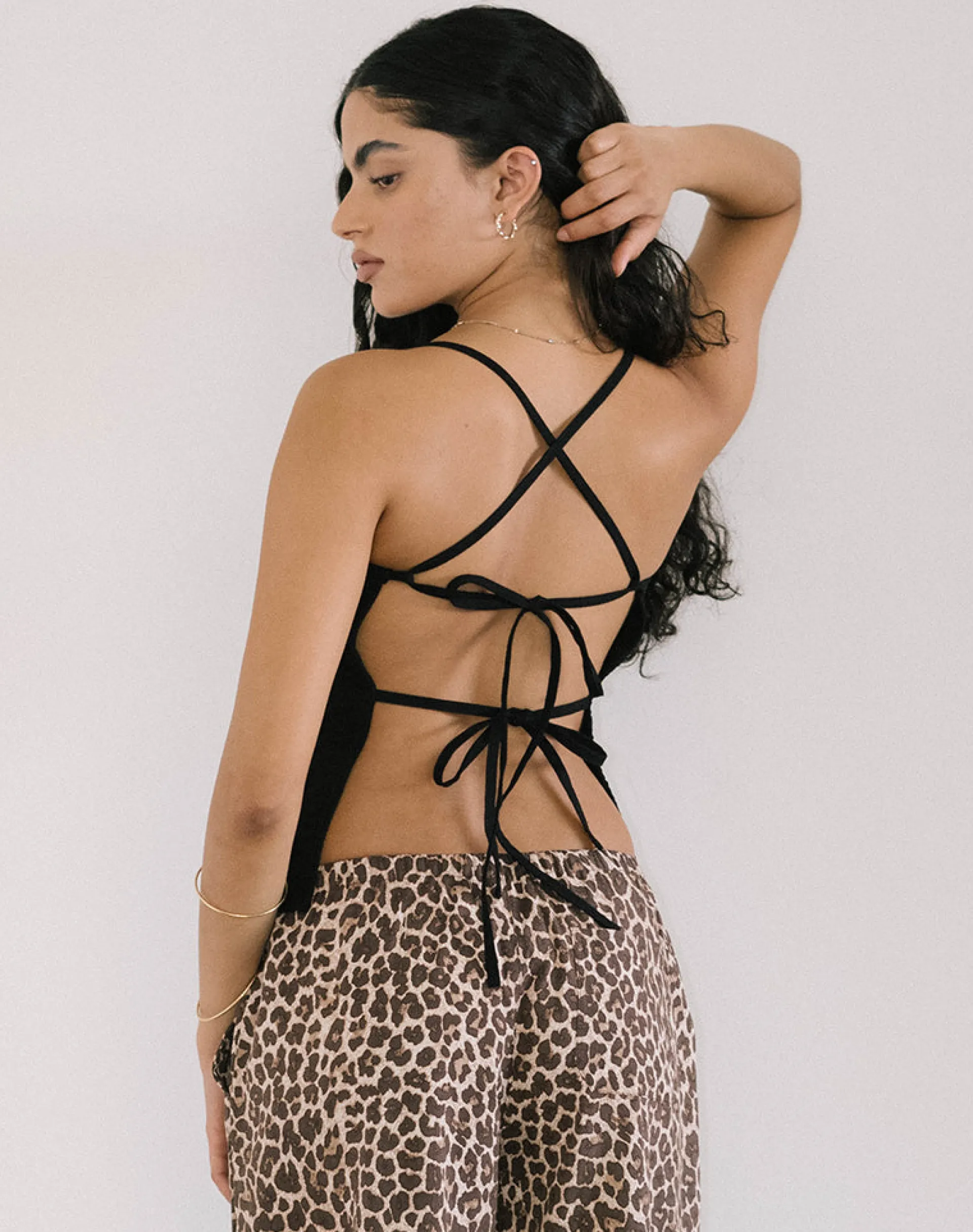 Motel Rocks Basic Tops | Strappy Tops-Lintang Tie Back Top in Linen Black