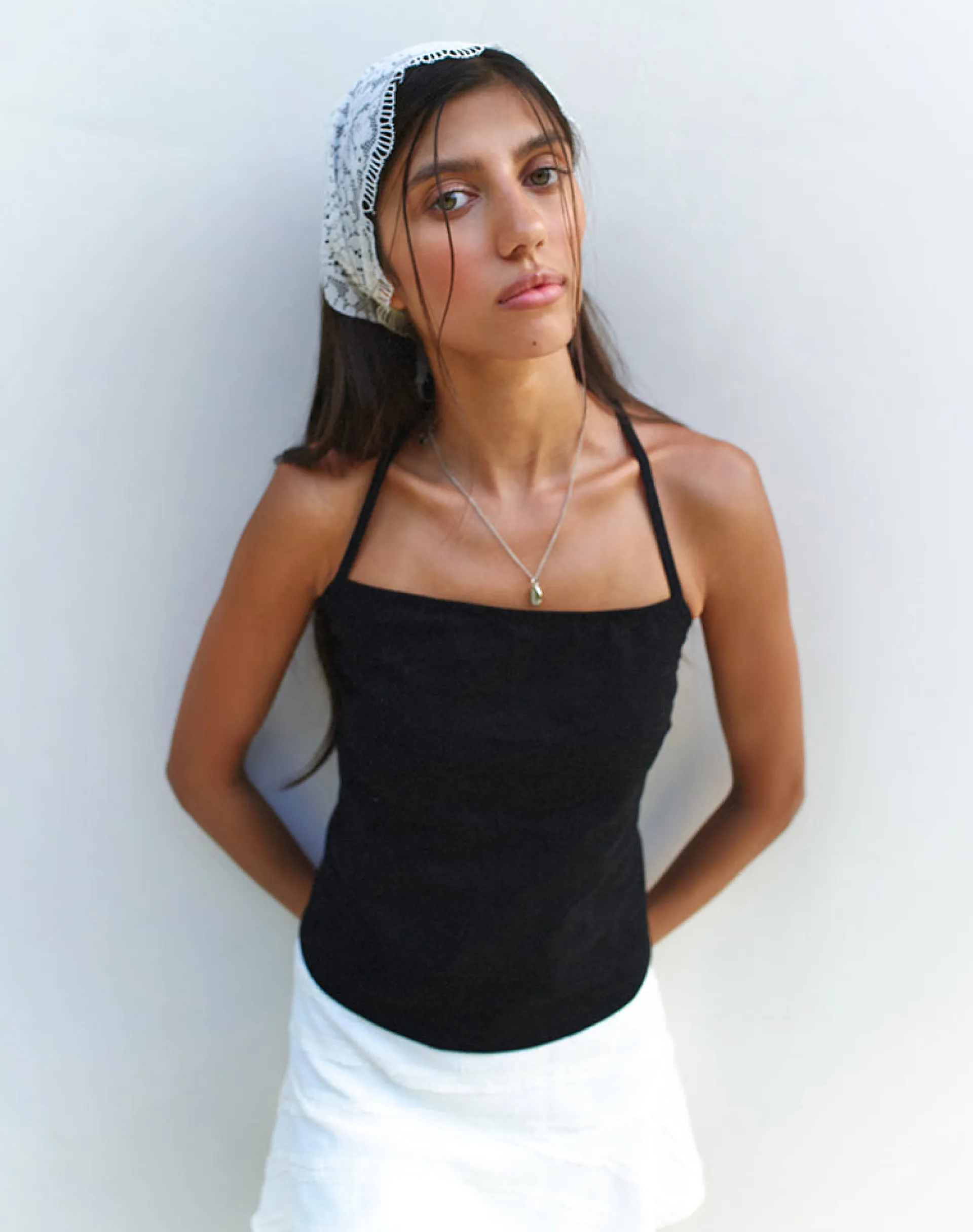 Motel Rocks Basic Tops | Strappy Tops-Lintang Tie Back Top in Linen Black