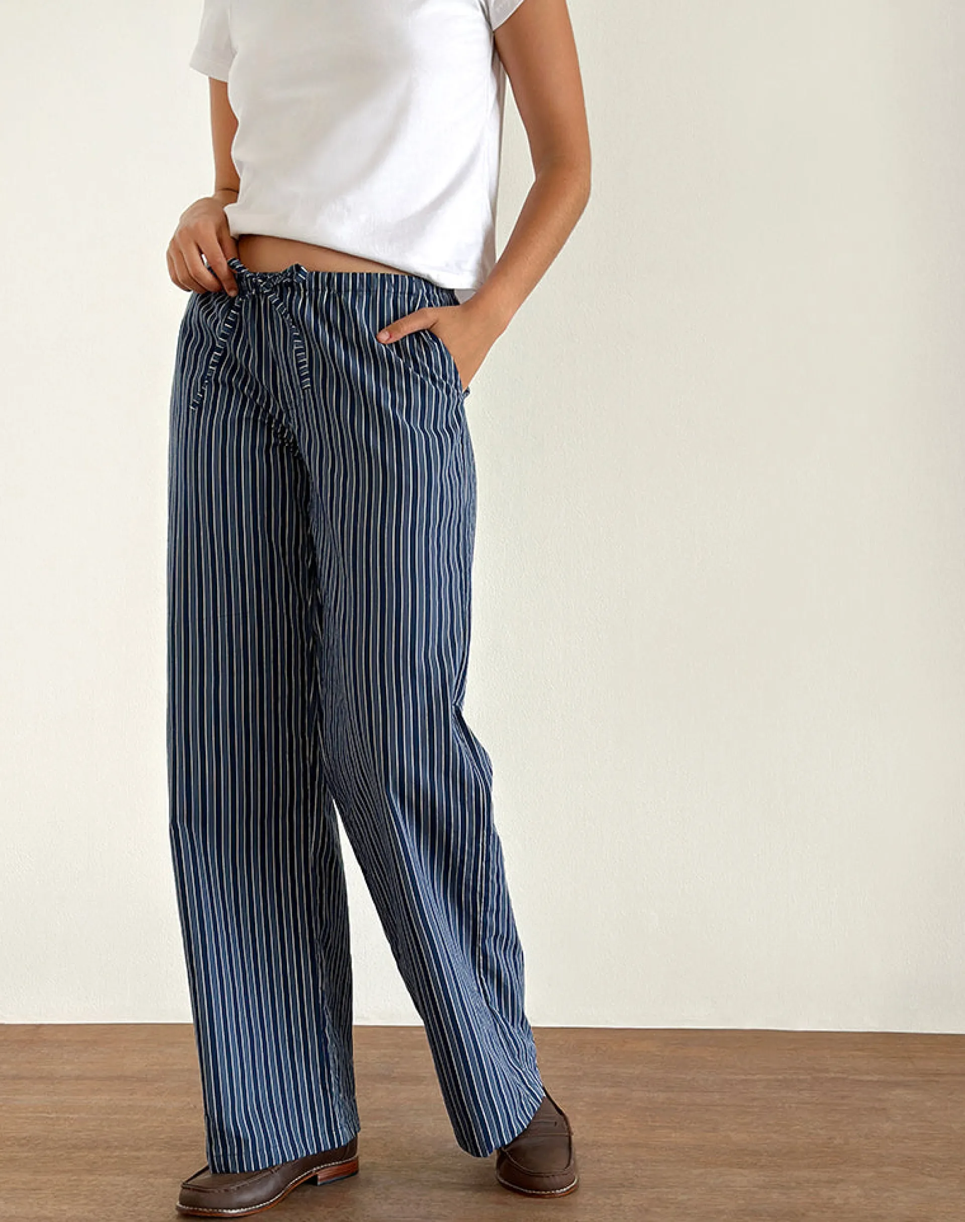 Motel Rocks Wide Leg Pants | Low Rise Pants-Lirura Wide Leg Trousers in Indigo Stripe Dark Blue IndigoStripeDarkBlue