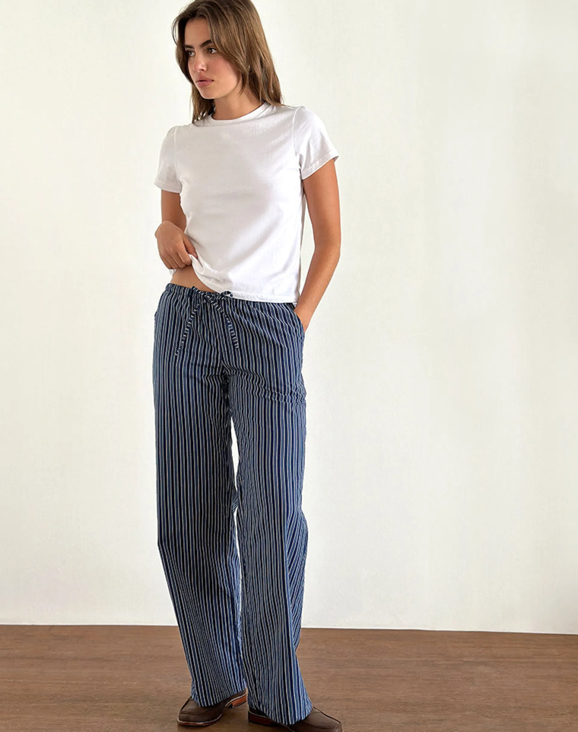 Motel Rocks Wide Leg Pants | Low Rise Pants-Lirura Wide Leg Trousers in Indigo Stripe Dark Blue IndigoStripeDarkBlue