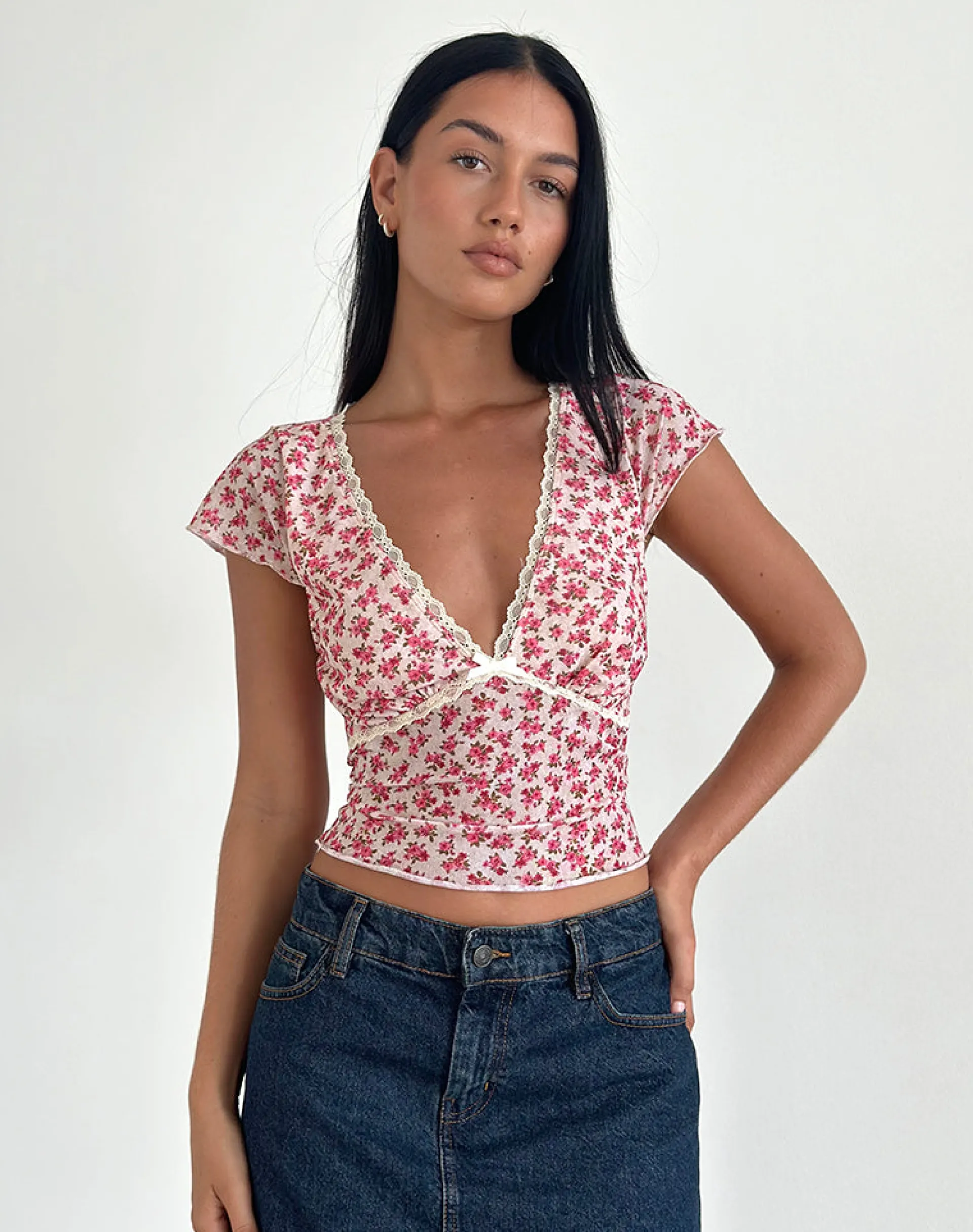 Motel Rocks Printed Tops-Livi Top in Gardenia Romantic with Lace Trim GardeniaRomanticwithLaceTrim
