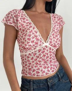Motel Rocks Printed Tops-Livi Top in Gardenia Romantic with Lace Trim GardeniaRomanticwithLaceTrim