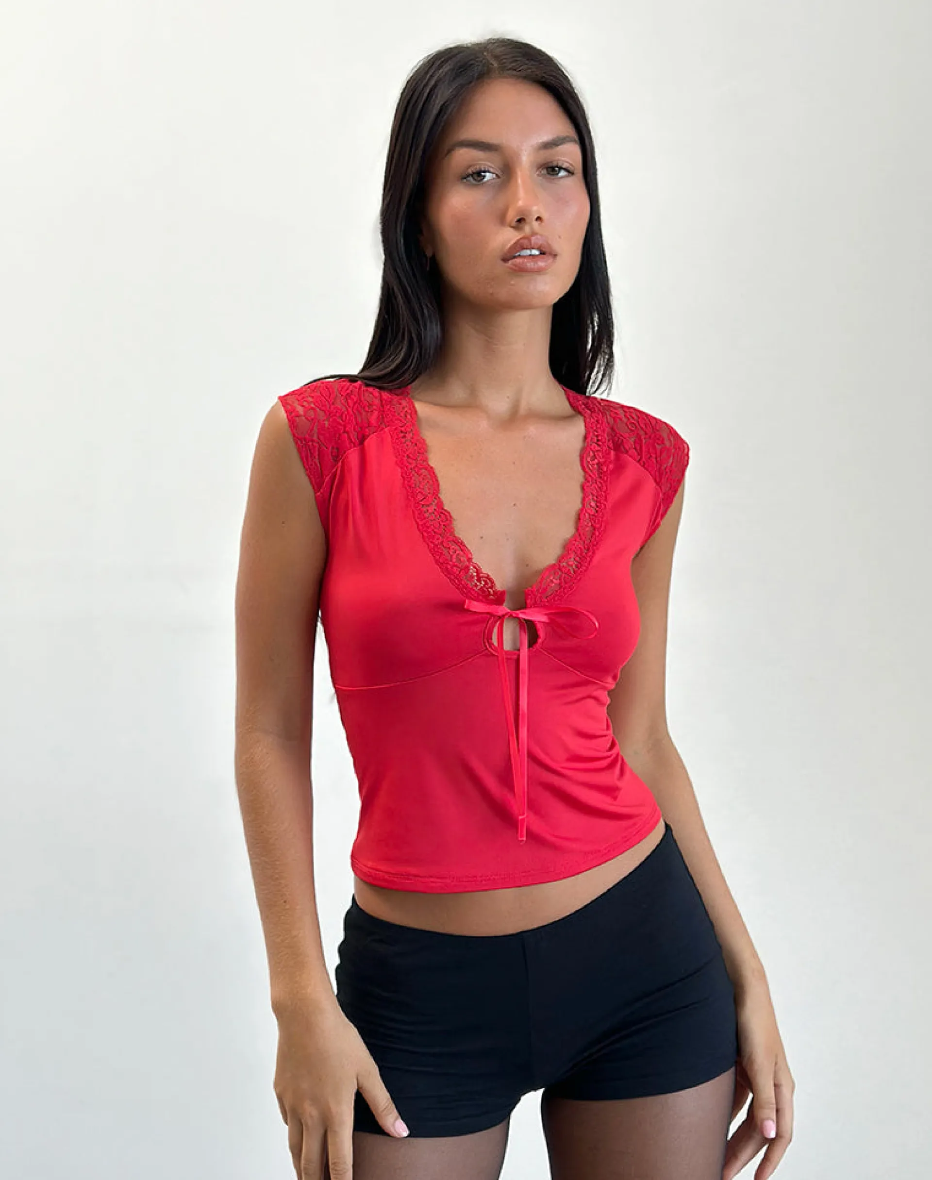 Motel Rocks Lace Tops | Going Out Tops-Livina Top in Slinky Jersey Lace Red SlinkyJerseyLaceRed