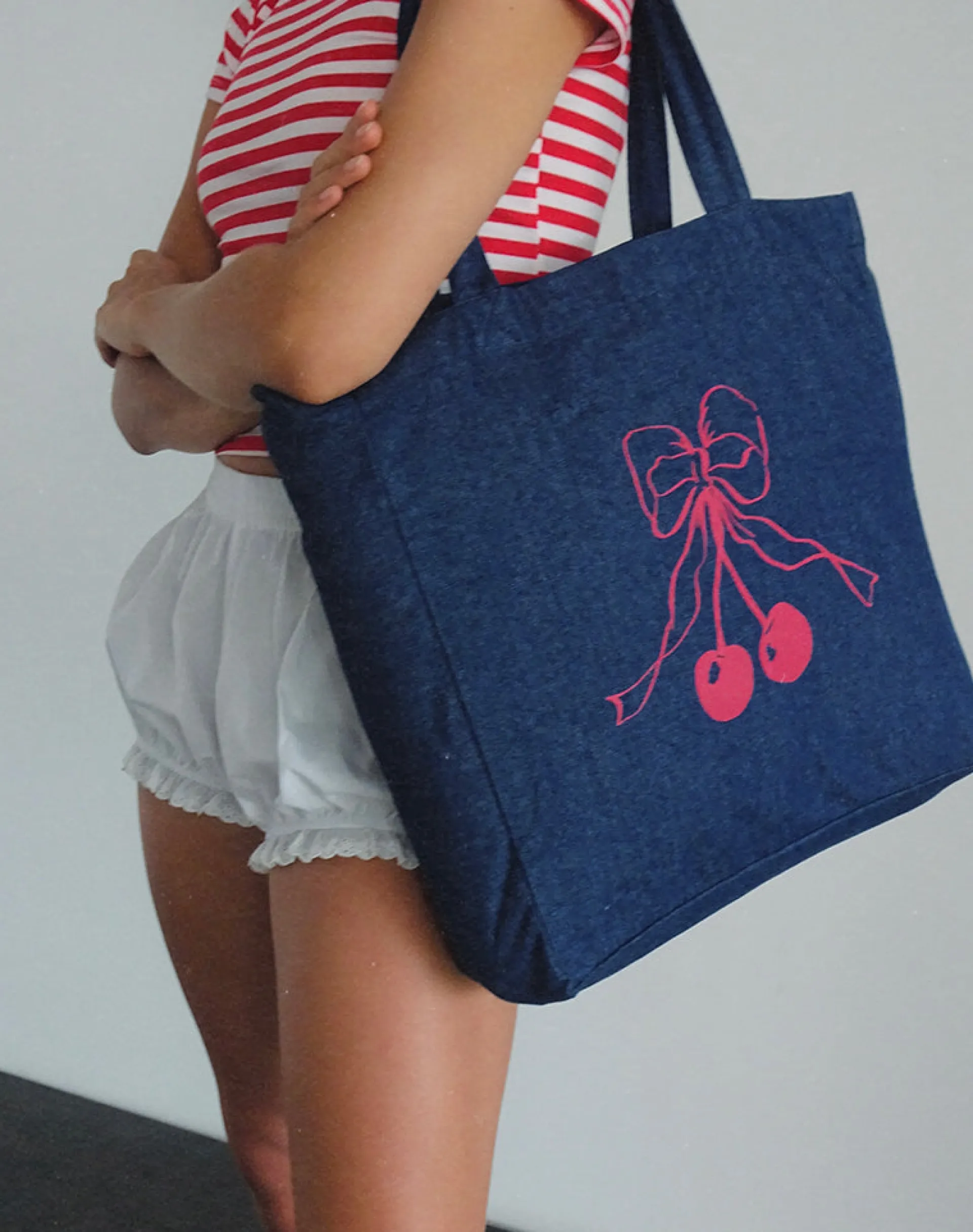 Motel Rocks Accessories-London Tote Bag in Denim Indigo with Cherry Bow Print DenimIndigowithCherryBowPrint