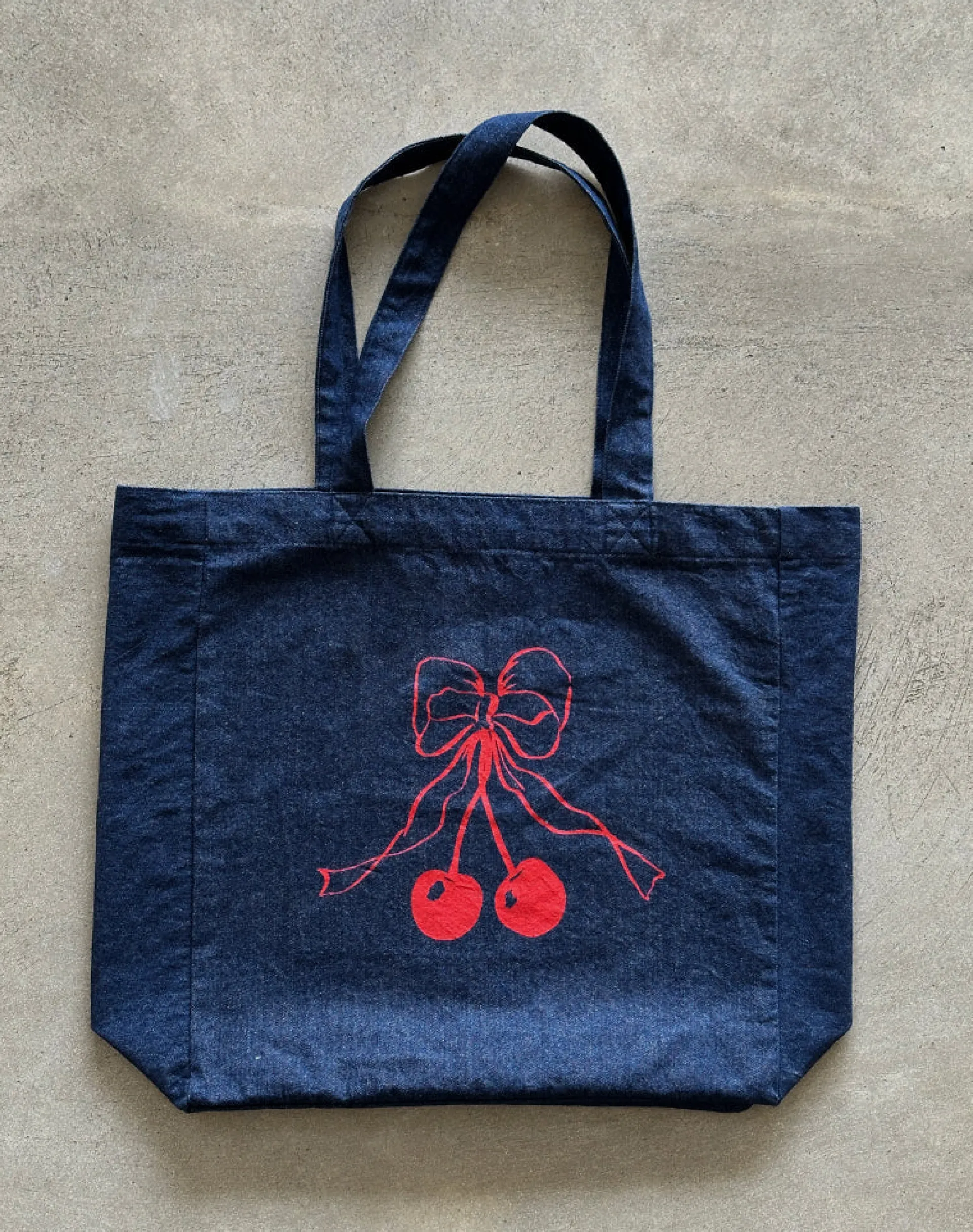 Motel Rocks Accessories-London Tote Bag in Denim Indigo with Cherry Bow Print DenimIndigowithCherryBowPrint