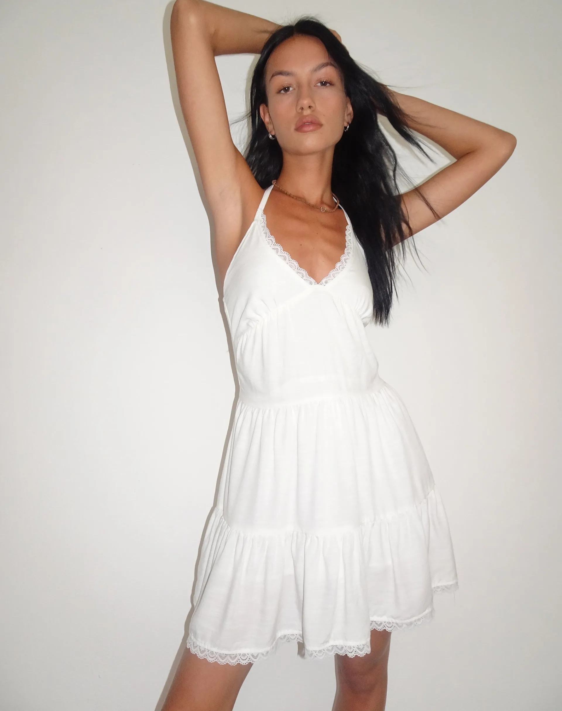 Motel Rocks Basics | Day Dresses-Londyn Tiered Halter Mini Dress in Off White OffWhite