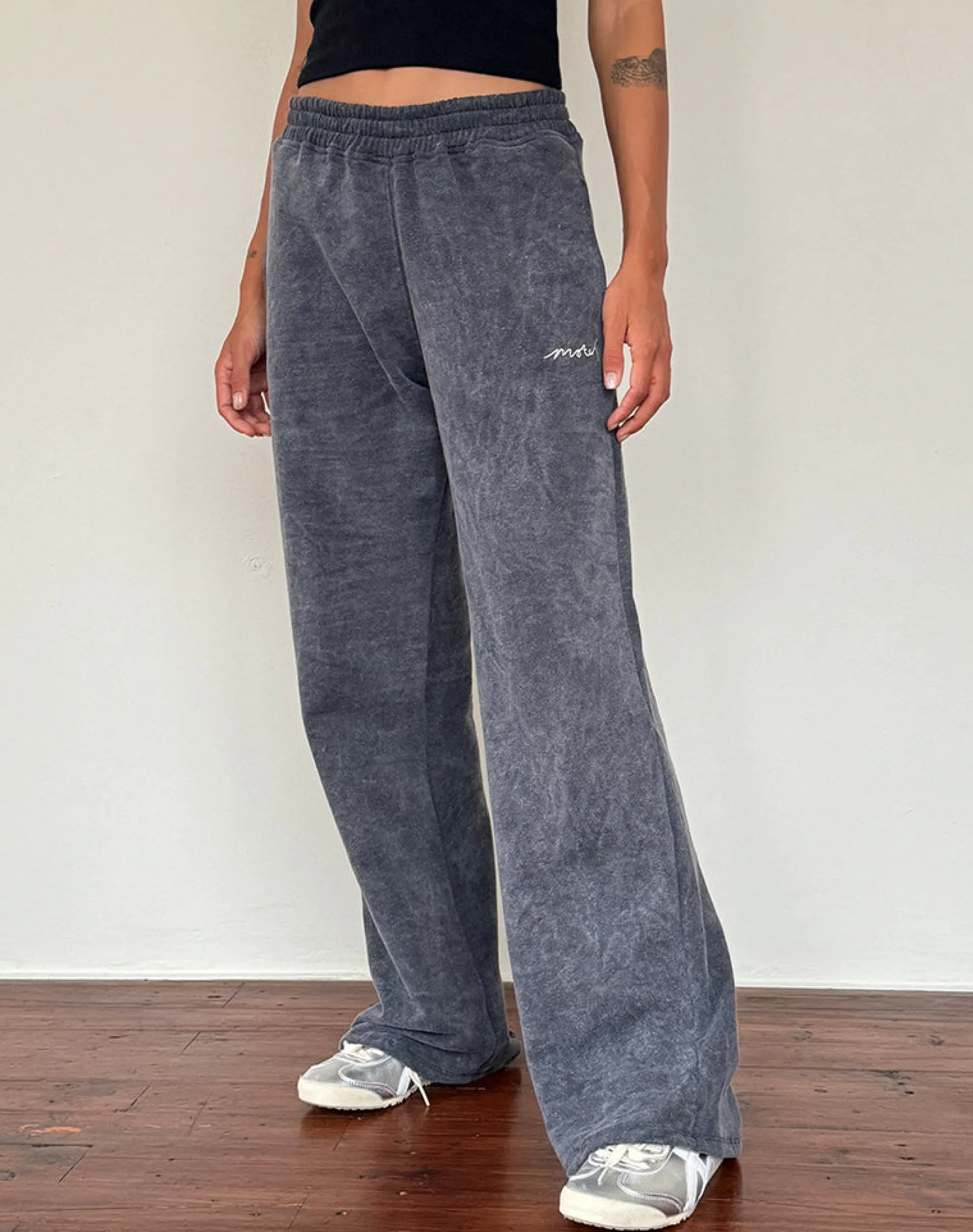 Motel Rocks Co-Ords-Loose Jogger in Black Wash with Off White 'MOTEL' Embroidery BlackWashwithOffWhite'MOTEL'Embroidery