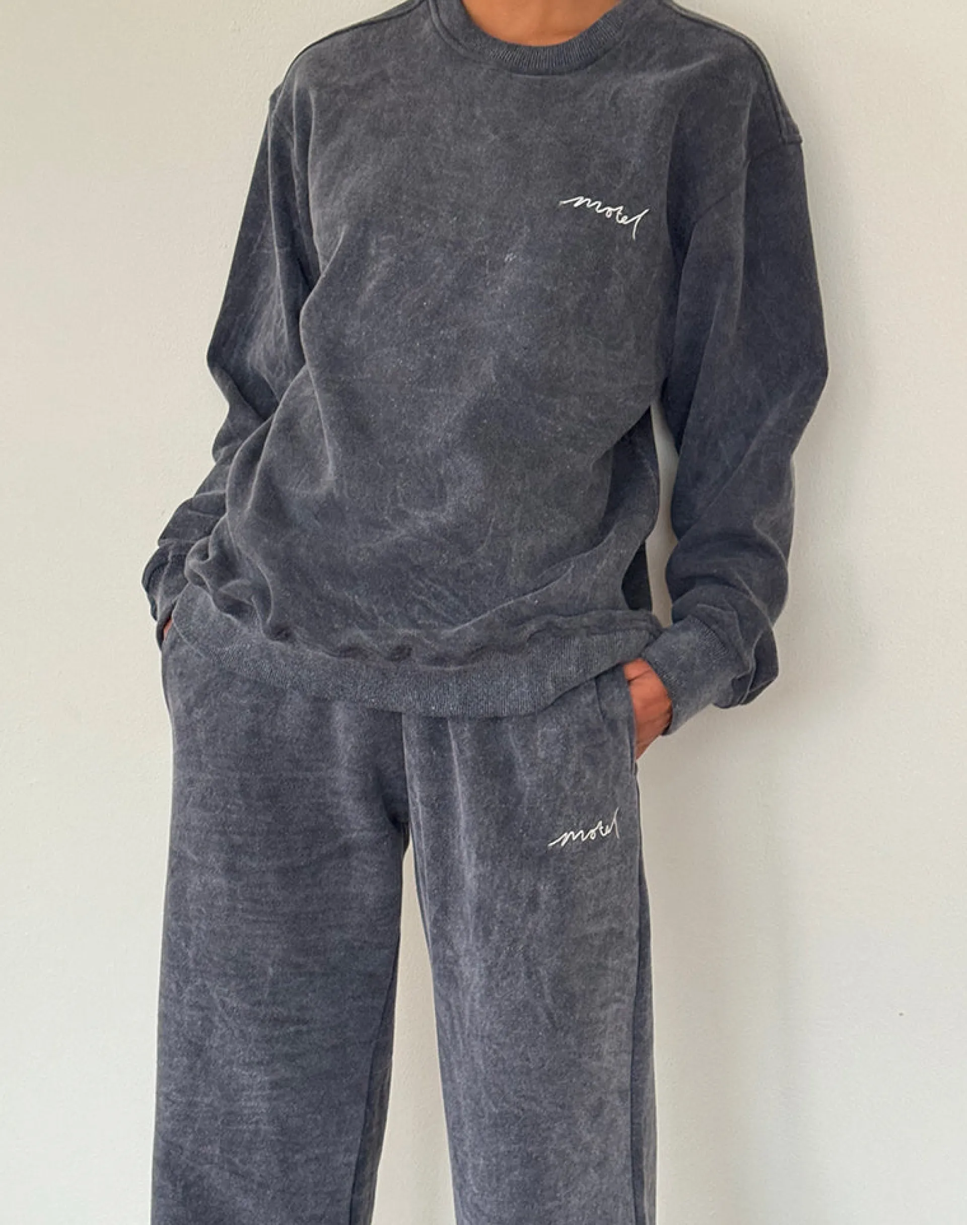 Motel Rocks Co-Ords-Loose Jogger in Black Wash with Off White 'MOTEL' Embroidery BlackWashwithOffWhite'MOTEL'Embroidery