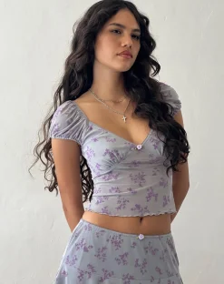 Motel Rocks Printed Tops-Lorenne Sweetheart Mesh Top in Purple Botanist Flock