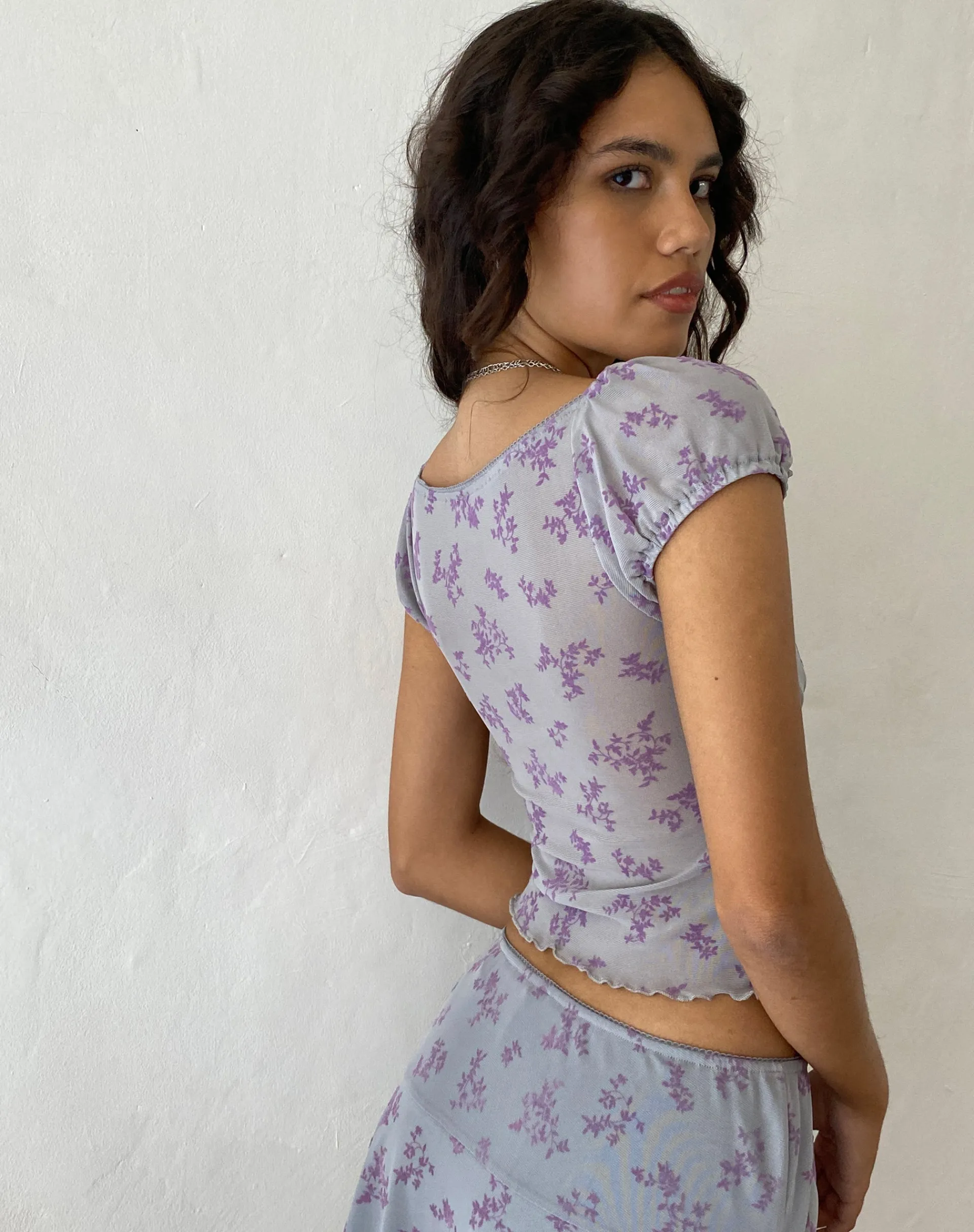 Motel Rocks Printed Tops-Lorenne Sweetheart Mesh Top in Purple Botanist Flock