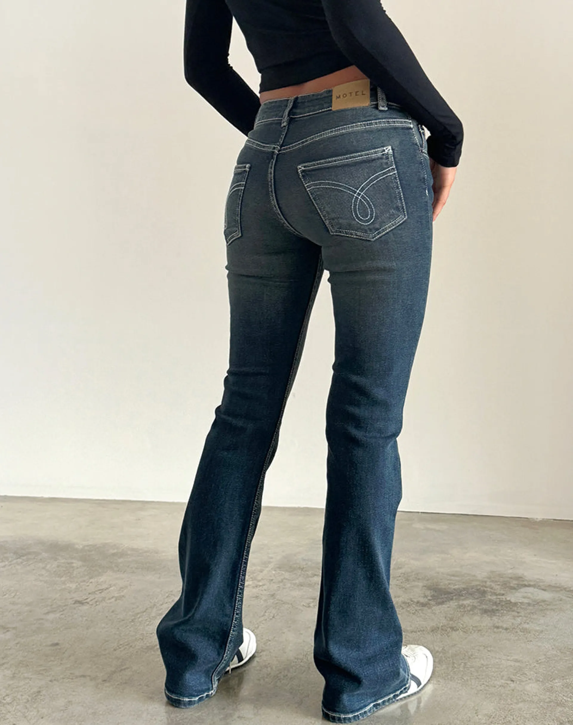 Motel Rocks Low Rise Pants | Jeans-Low Rise Bootleg Jeans in Heavy Stitch Vintage Indigo HeavyStitchVintageIndigo