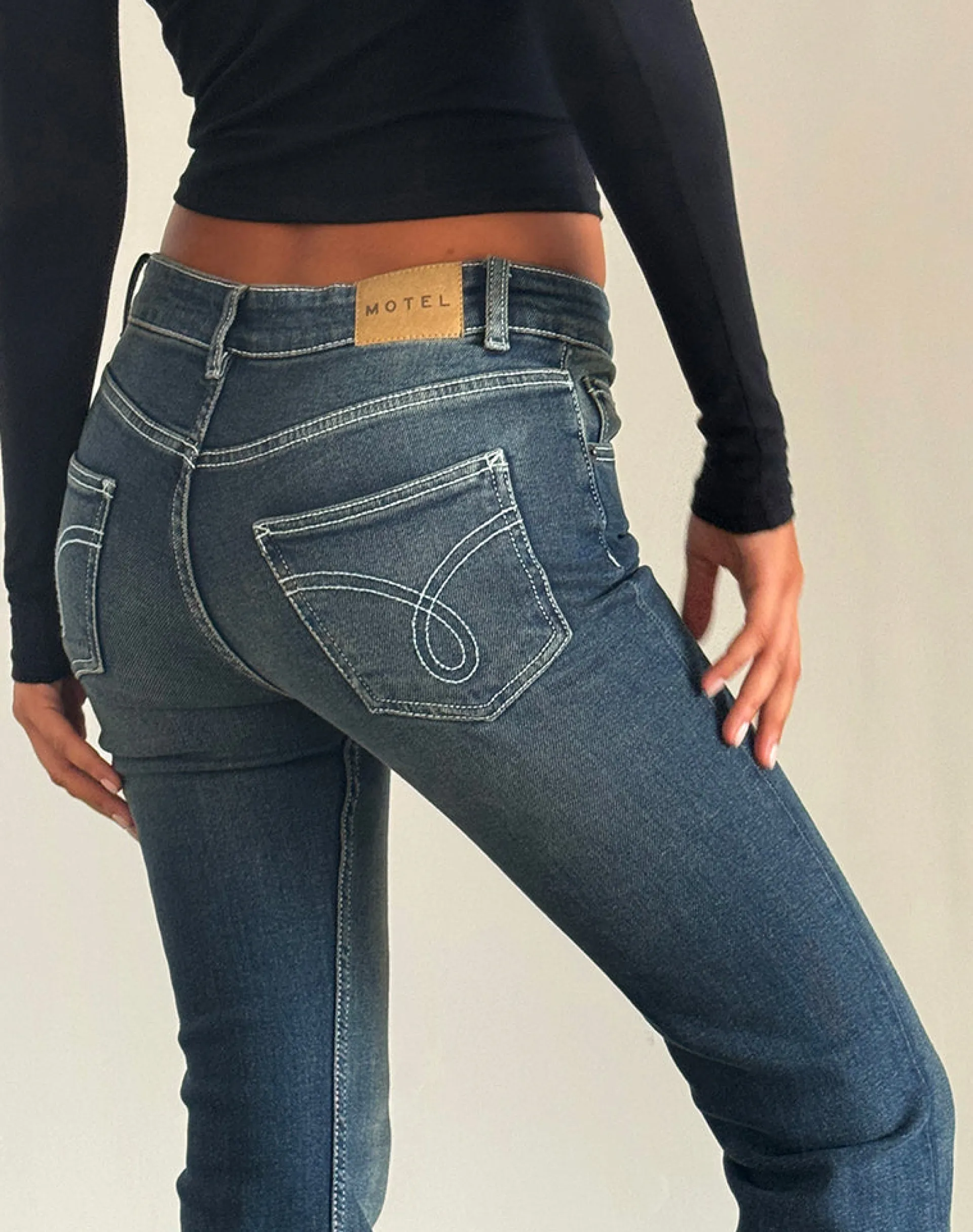 Motel Rocks Low Rise Pants | Jeans-Low Rise Bootleg Jeans in Heavy Stitch Vintage Indigo HeavyStitchVintageIndigo