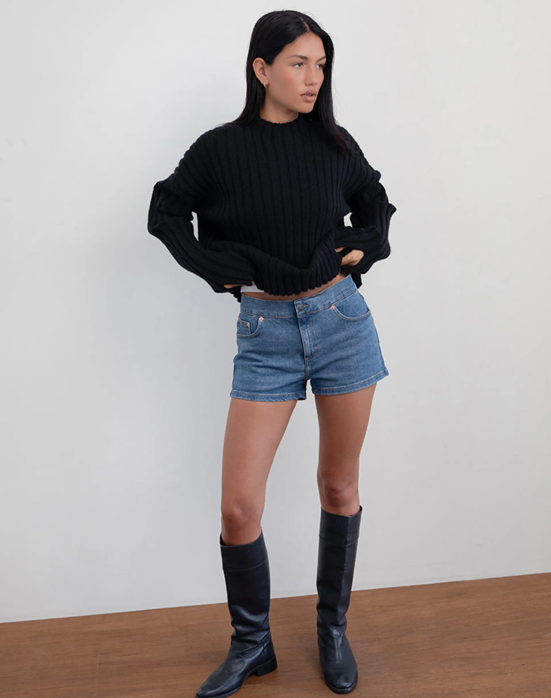 Motel Rocks Jorts-Low Rise Denim Hot Pants in Bay Blue
