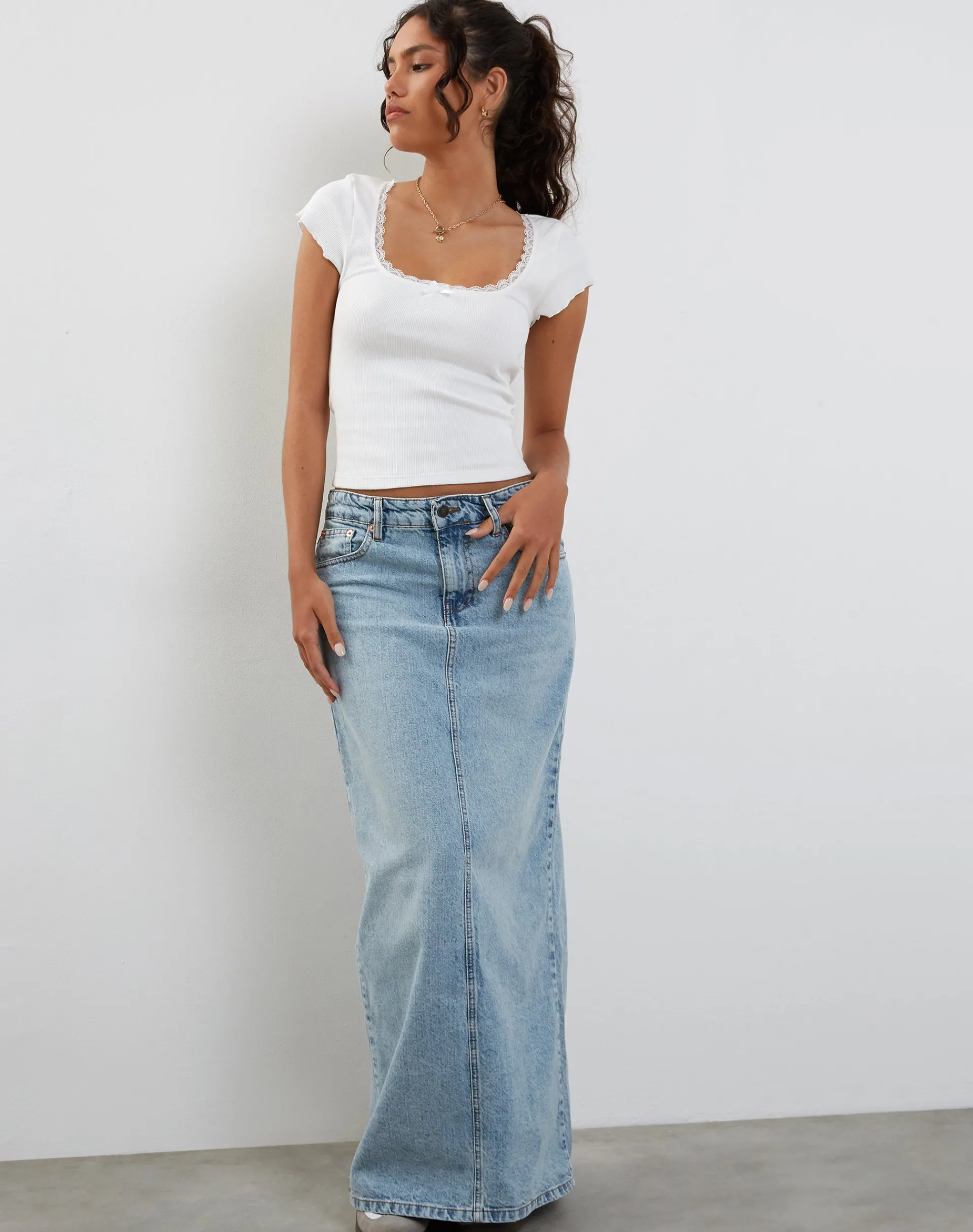 Motel Rocks Denim Skirts | Maxi Skirts-Low Rise Denim Maxi Skirt in Bleach Denim BleachDenim