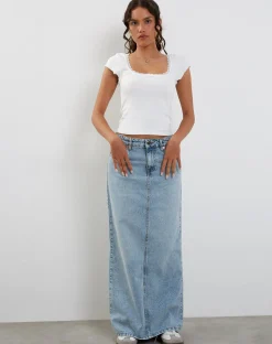 Motel Rocks Denim Skirts | Maxi Skirts-Low Rise Denim Maxi Skirt in Bleach Denim BleachDenim