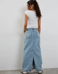 Motel Rocks Denim Skirts | Maxi Skirts-Low Rise Denim Maxi Skirt in Bleach Denim BleachDenim