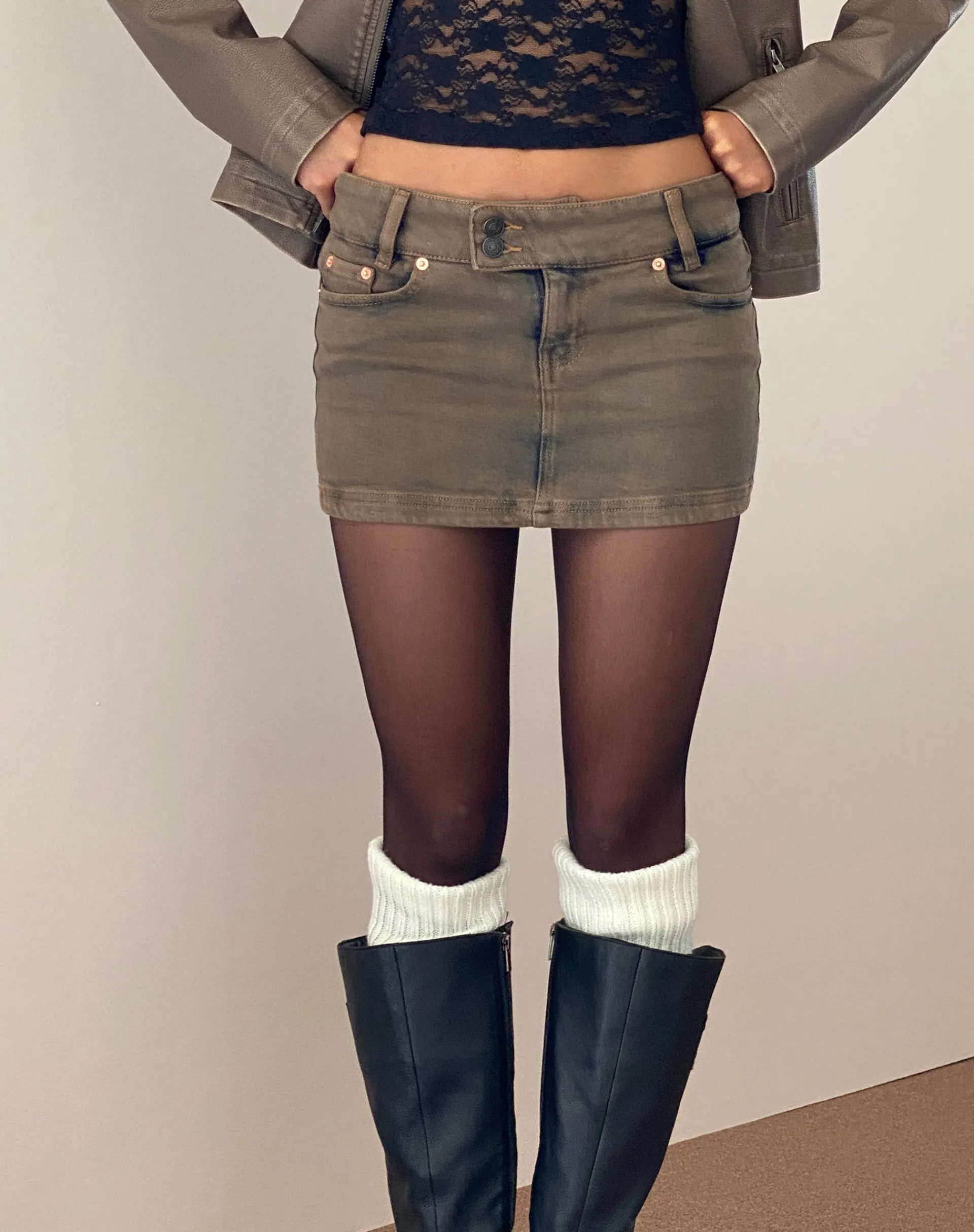 Motel Rocks Denim Skirts-Low Rise Denim Mini Skirt in Sand