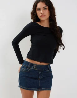 Motel Rocks Denim Skirts | Mini Skirts-Low Rise Denim Mini Skirt in Dark Vintage Wash DarkVintageWash