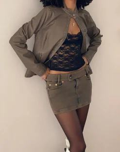 Motel Rocks Denim Skirts-Low Rise Denim Mini Skirt in Sand