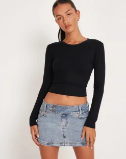 Motel Rocks Denim Skirts | Mini Skirts-Low Rise Mini Skirt in Light Wash Blue LightWashBlue