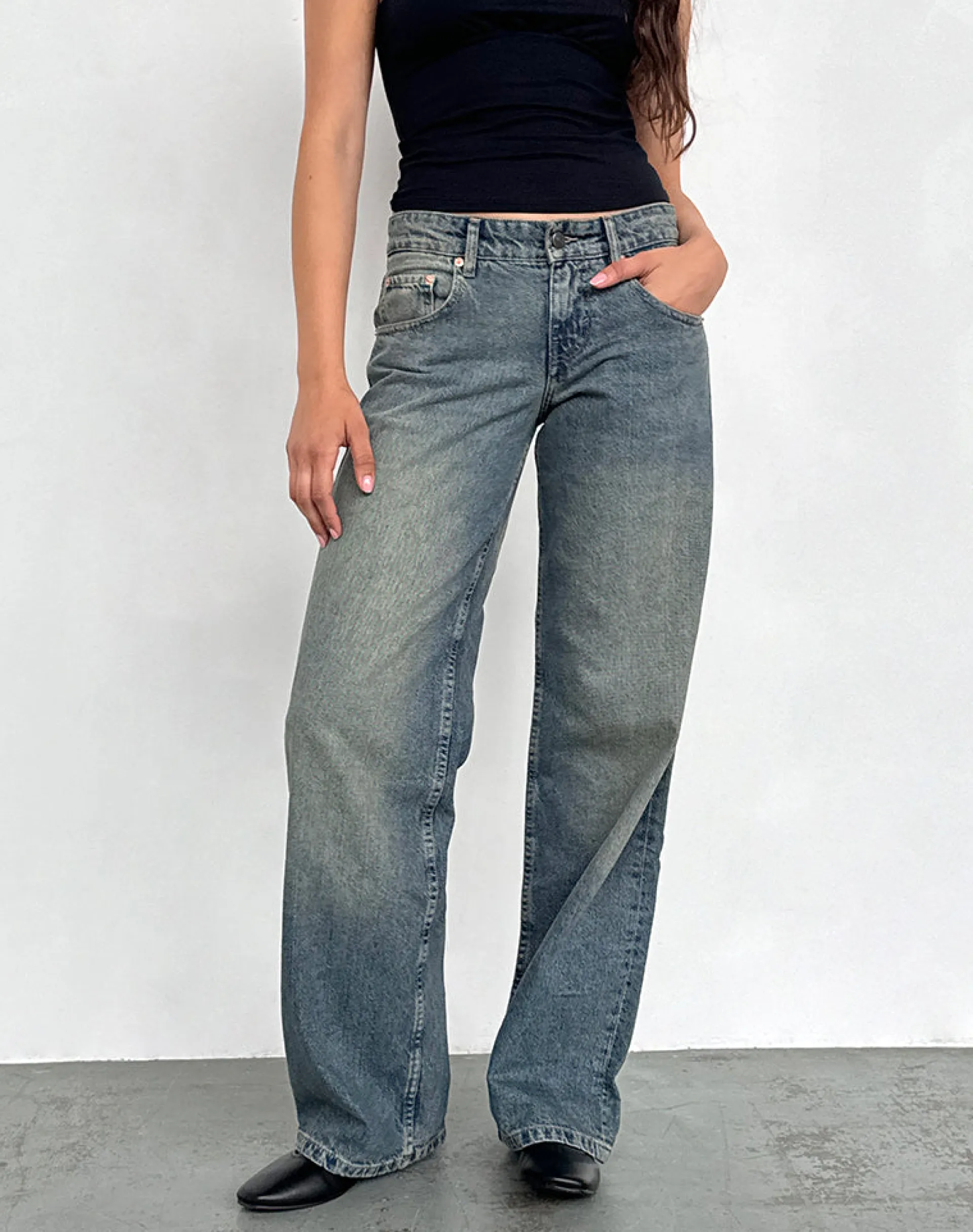 Motel Rocks Jeans | Straight Leg Jeans-Low Rise Parallel Jeans in Extreme Blue Green ExtremeBlueGreen