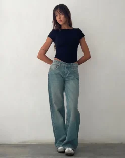 Motel Rocks Low Rise Pants | Jeans-Low Rise Parallel Jeans in Vintage Blue Green VintageBlueGreen