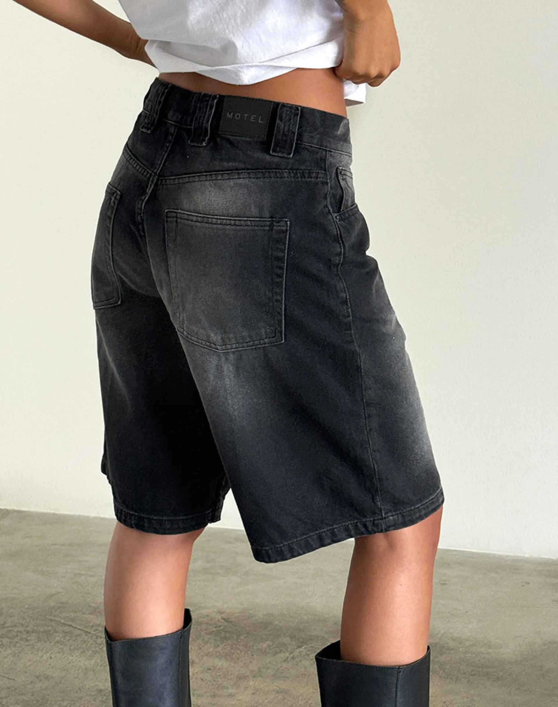 Motel Rocks Jorts-Low Rise Skater Short in Extreme Black ExtremeBlack