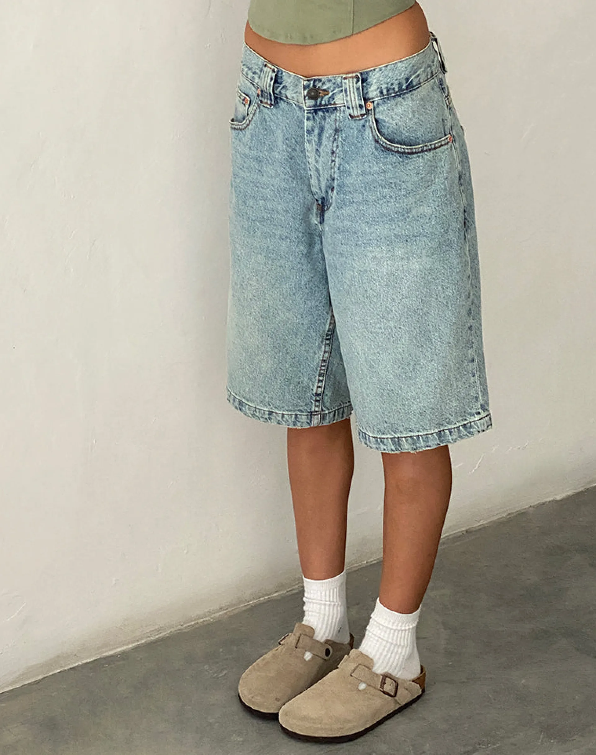 Motel Rocks Jorts-Low Rise Skater Shorts in Bleach Denim BleachDenim