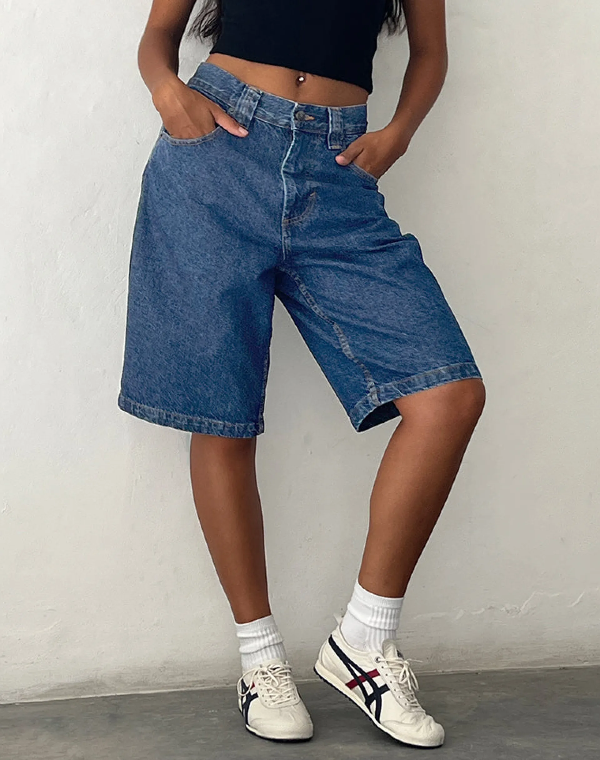 Motel Rocks Jorts-Low Rise Skater Shorts in Core Blue Stone CoreBlueStone