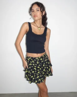 Motel Rocks Mini Skirts-Lowisa Frill Mini Skirt in Buttercup Black Yellow ButtercupBlackYellow