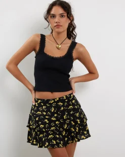 Motel Rocks Mini Skirts-Lowisa Frill Mini Skirt in Buttercup Black Yellow ButtercupBlackYellow