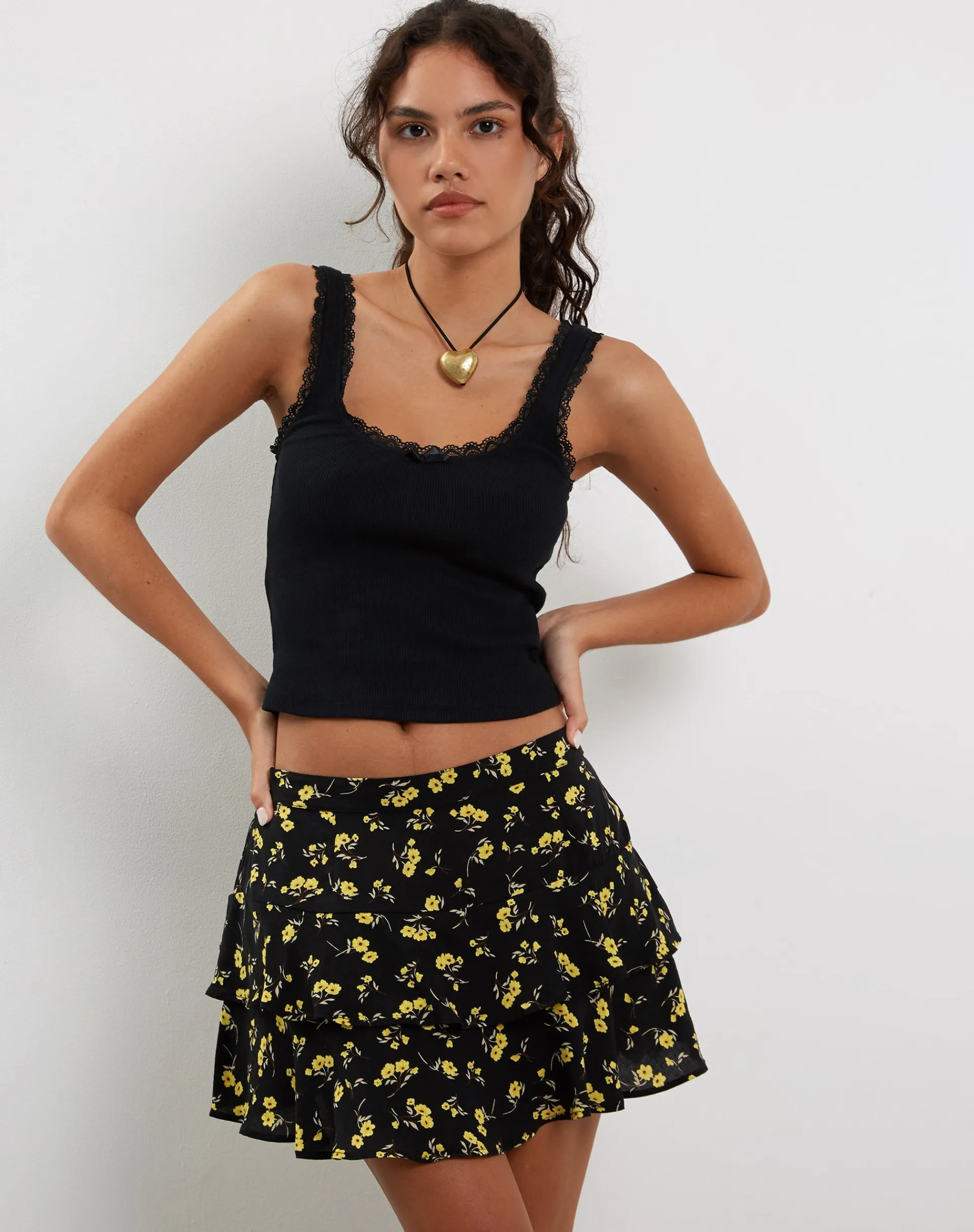 Motel Rocks Mini Skirts-Lowisa Frill Mini Skirt in Buttercup Black Yellow ButtercupBlackYellow