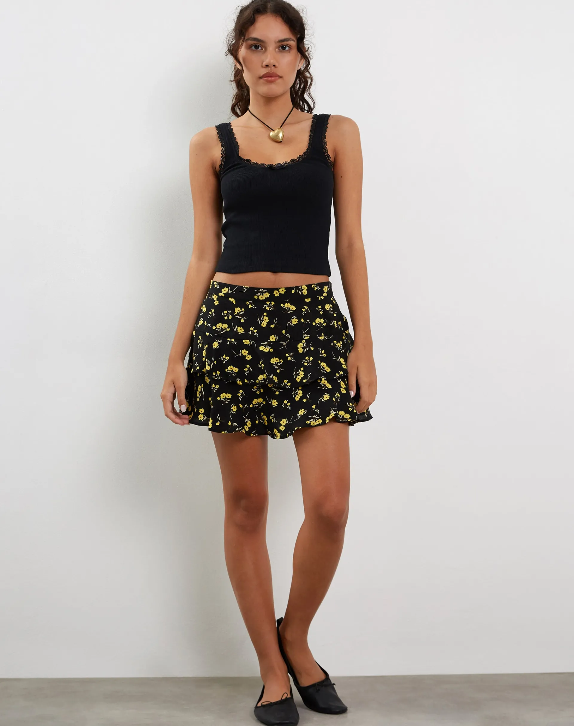 Motel Rocks Mini Skirts-Lowisa Frill Mini Skirt in Buttercup Black Yellow ButtercupBlackYellow