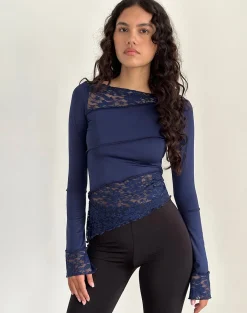 Motel Rocks Long Sleeve Tops | Lace Tops-Lucca Long Sleeve Top in Slinky Lace Navy Blue SlinkyLaceNavyBlue