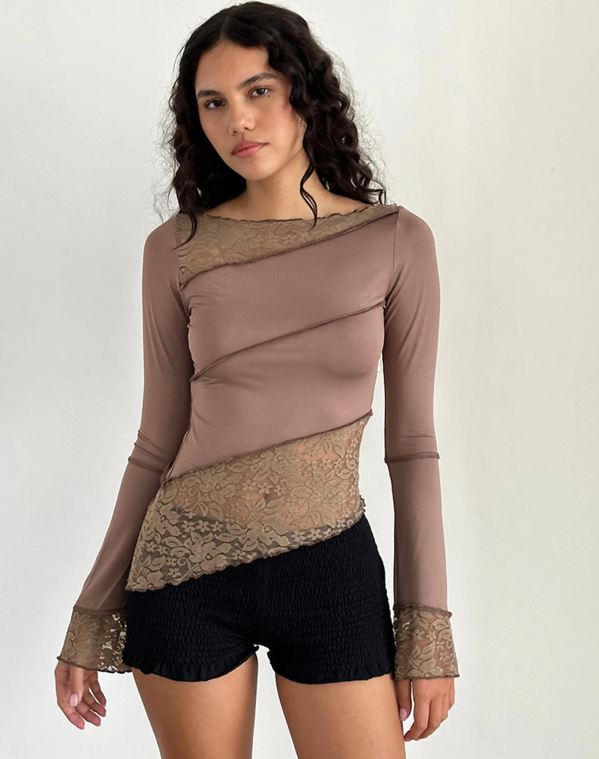 Motel Rocks Basic Tops | Long Sleeve Tops-Lucca Long Sleeve Top in Slinky Lace Mocha SlinkyLaceMocha