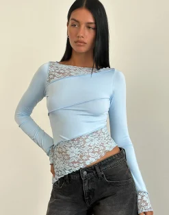 Motel Rocks Long Sleeve Tops | Lace Tops-Lucca Long Sleeve Top in Lace Light Blue LaceLightBlue