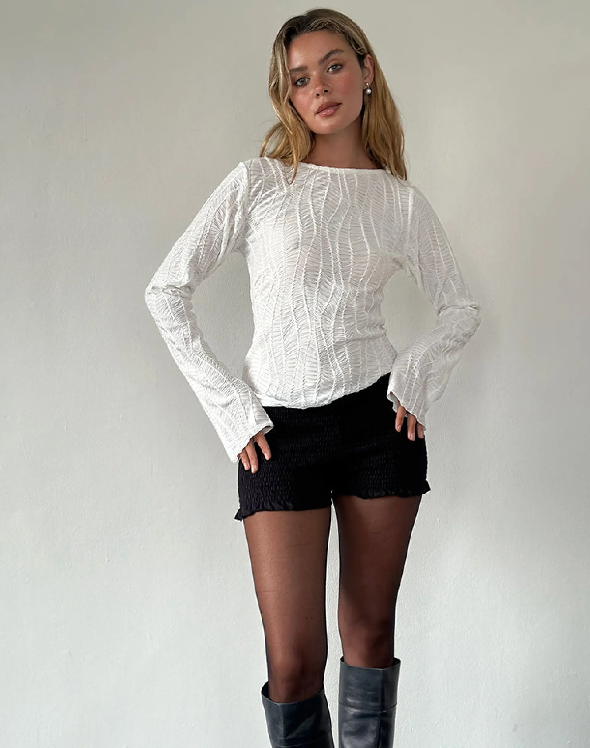 Motel Rocks Basic Tops | Long Sleeve Tops-Lucca Ripple Top Jacquard White JacquardWhite