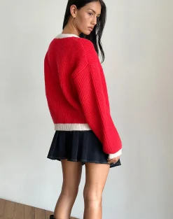 Motel Rocks Cardigans-Luciana Contrast Cardigan in Red and Pink RedandPink