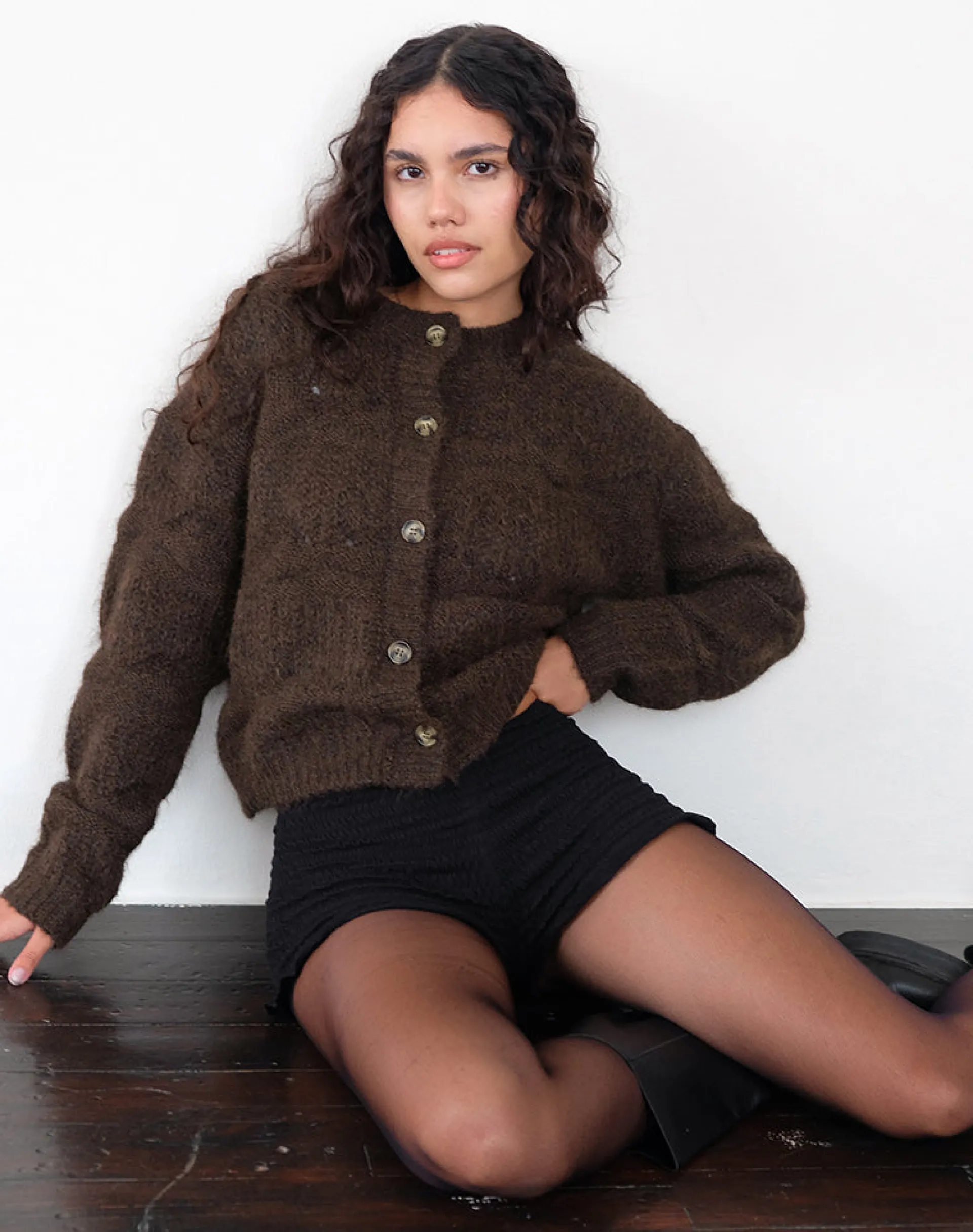 Motel Rocks Cardigans-Luciana Textured Knit Cardi in Dark Brown DarkBrown