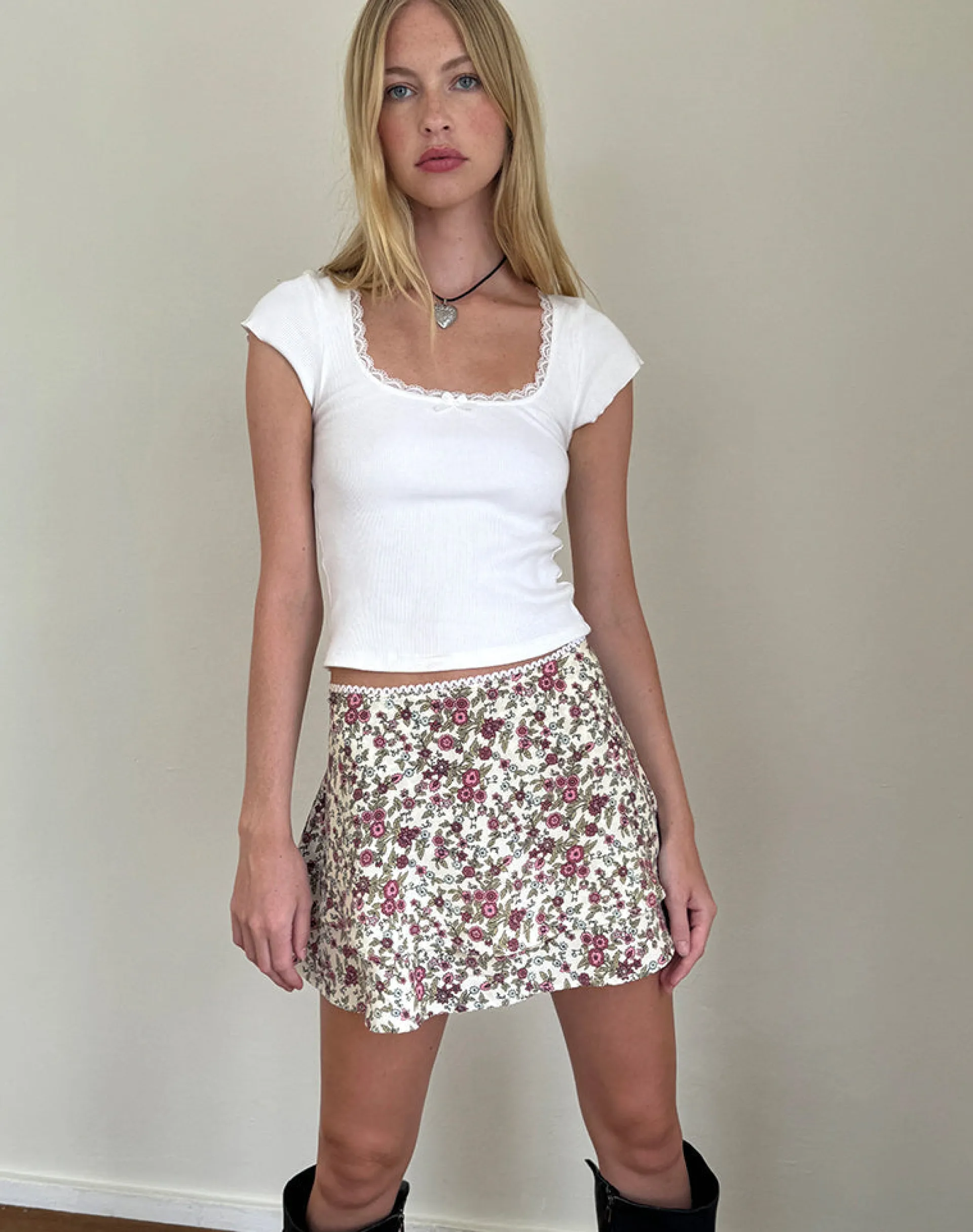 Motel Rocks Co-Ords | A Line Skirts-Luiso Mini Skirt in Vintage Bloom Ivory vintagebloomivory