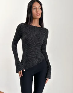 Motel Rocks Printed Tops | Long Sleeve Tops-Lukia Long Sleeve Top in Metallic Stripe Jersey Black