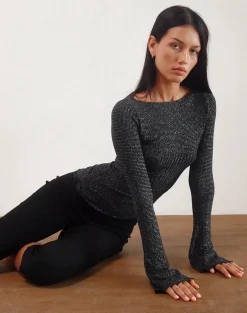 Motel Rocks Printed Tops | Long Sleeve Tops-Lukia Long Sleeve Top in Metallic Stripe Jersey Black