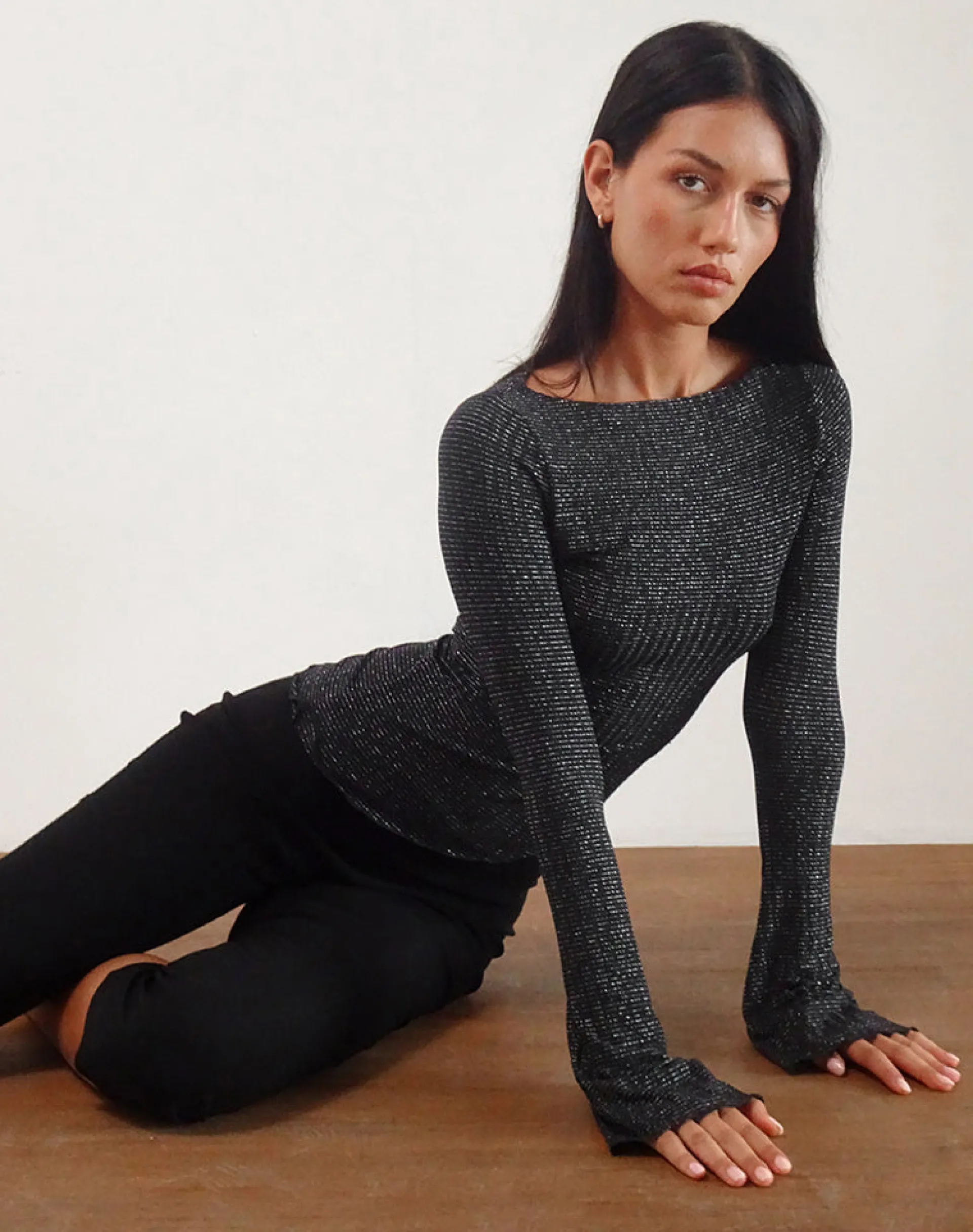 Motel Rocks Printed Tops | Long Sleeve Tops-Lukia Long Sleeve Top in Metallic Stripe Jersey Black