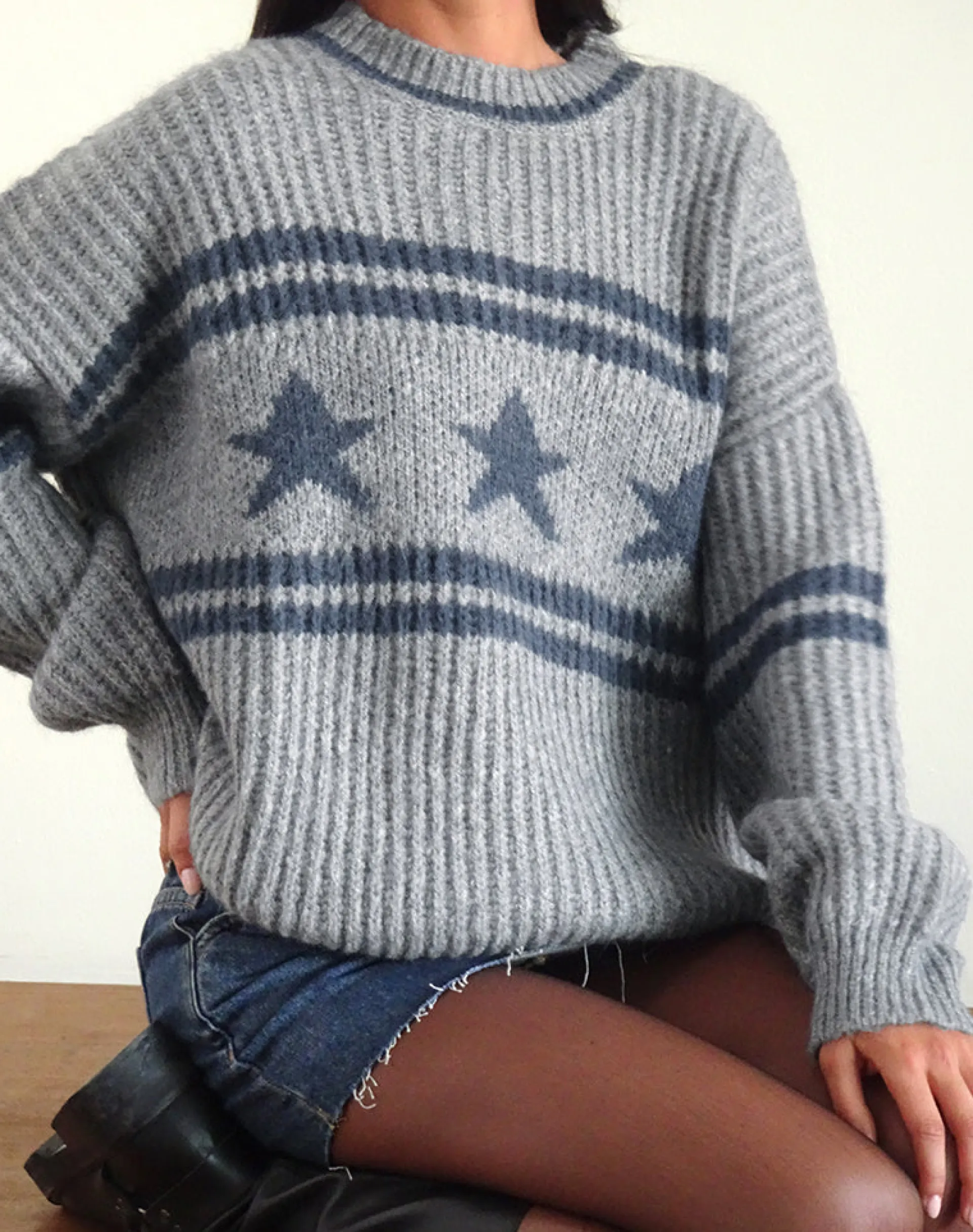 Motel Rocks Jumpers-Lulees Jumper in Star Stripe Grey StarStripeGrey